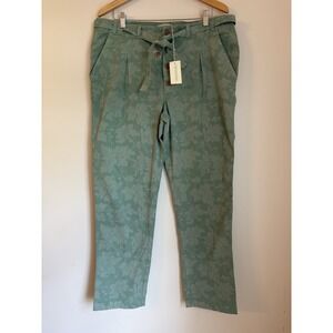 Sundance Pants Green Floral Size 16 Womens Jacquard High Rise Tie Waist Pleated
